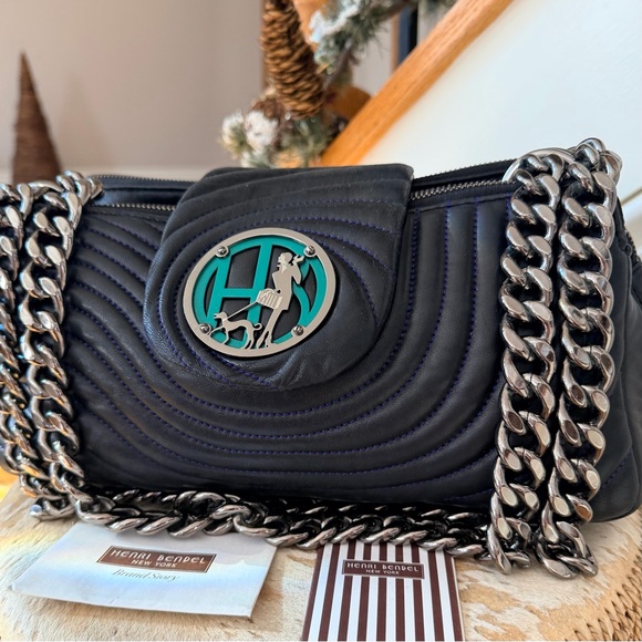 RARE Henri BENDEL No.7 Quilted Leather Shoulder Bag Pop Mix Black Multi Girl Dog - Picture 3 of 16